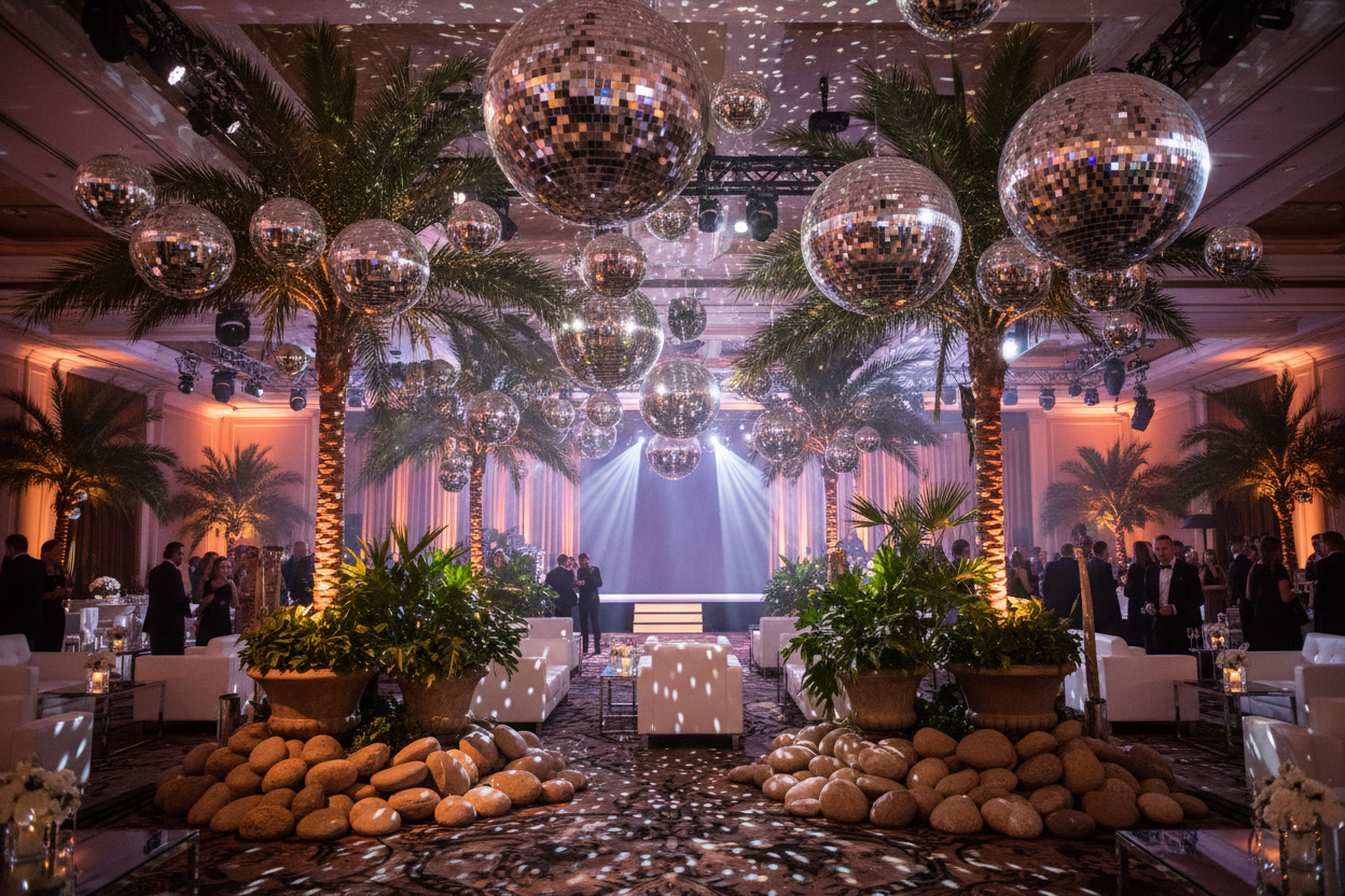 Dekoration für Events mit 
Spiegelkugeln
Decolicht
Palmen, Sträuchern, Büschen, kleinen Felsen